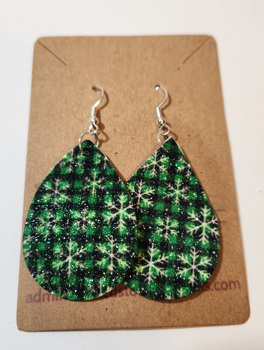 Green Snowflake Leather Christmas Earrings